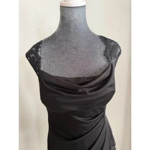 Vintage Black Open Back Lace Goth Dress Y2K Draped Neck Midi 90's 6 Romantic - Picture 5 of 15